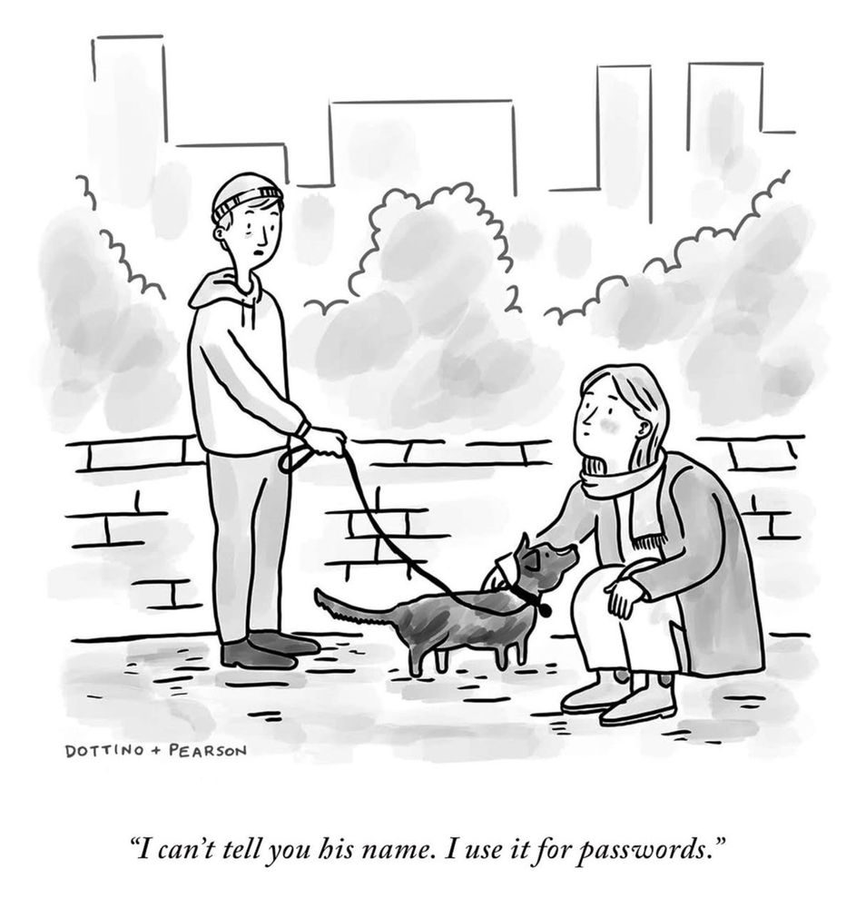 A cartoon depicting a man walking a dog, speaking to a seated woman. The man says, 'I can't tell you his name. I use it for passwords.'